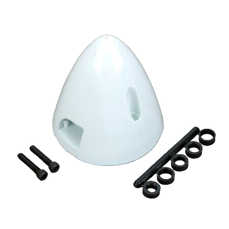 A white 4 pin spinner for a model airplane, accompanied by screws and washers, is displayed against a grey background.