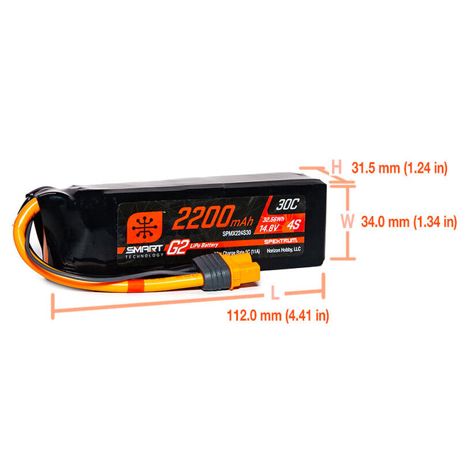SPMX224S30 14.8V 2200mAh 4S 30C Smart G2 LiPo Battery: IC3