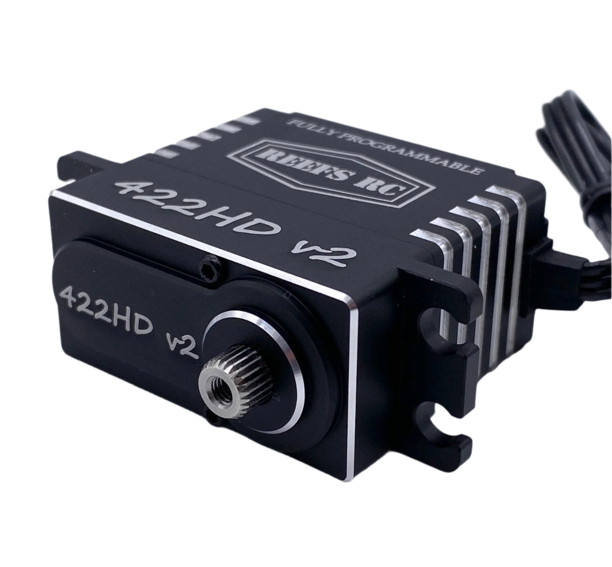 A black REEFS RC 422HDV2 high torque digital coreless servo for remote control vehicles.