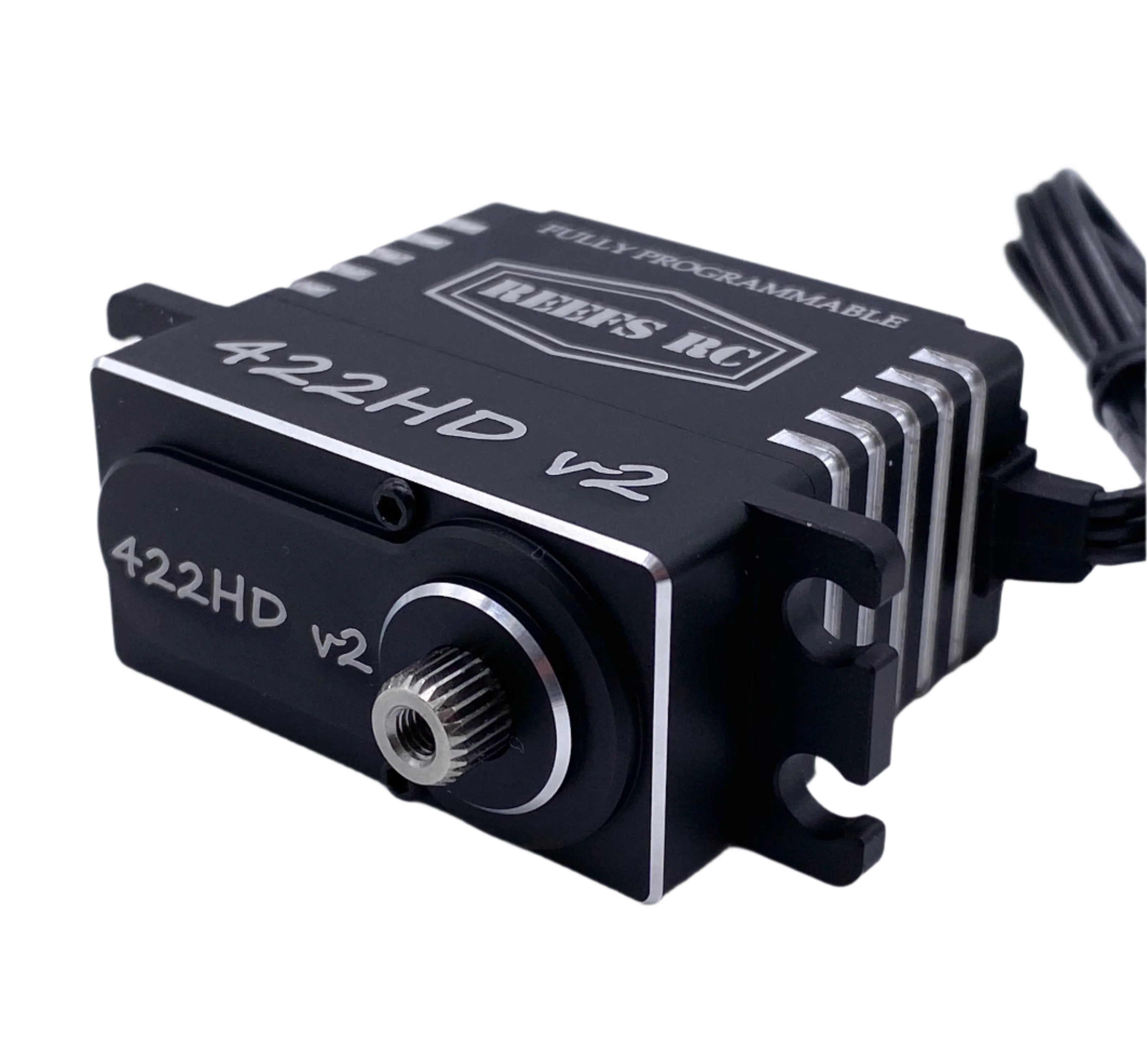 A black REEFS RC 422HDV2 high torque digital coreless servo for remote control vehicles.