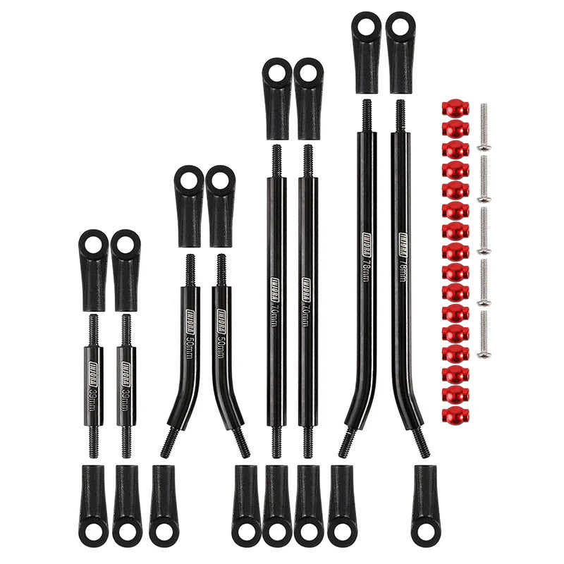 Set of black metal components and red plastic parts on a white background