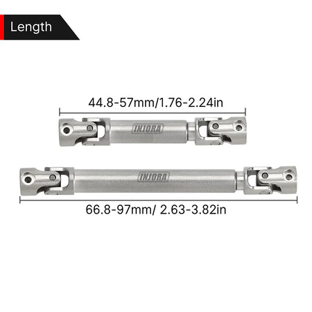 Two metal shafts with measurements indicated on a white background