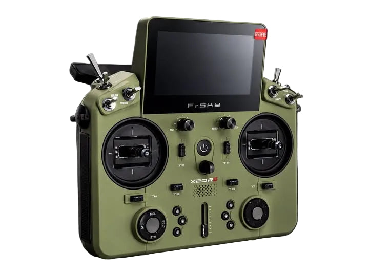 An olive green FISHU X20R wireless remote controller with a black display screen, dual joysticks, and various control buttons, set against a white studio background.