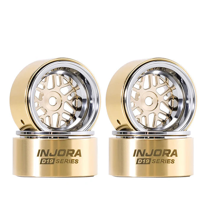Two gold INJORA D19 Series wheels on a white background