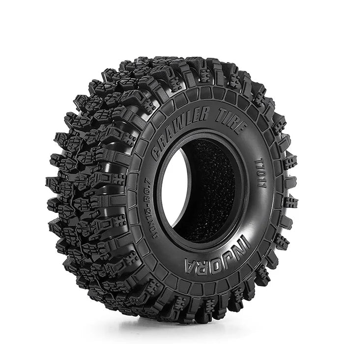 Black crawler tire with prominent tread pattern on a white background, featuring the INJORA brand.