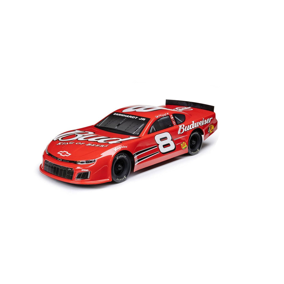 Red Budweiser racing car with remote control and accessories on a white background