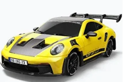 A yellow and black Porsche 911 GT3 race car model with a carbon fiber pattern hood and black rear wing, shown on a light gray background.