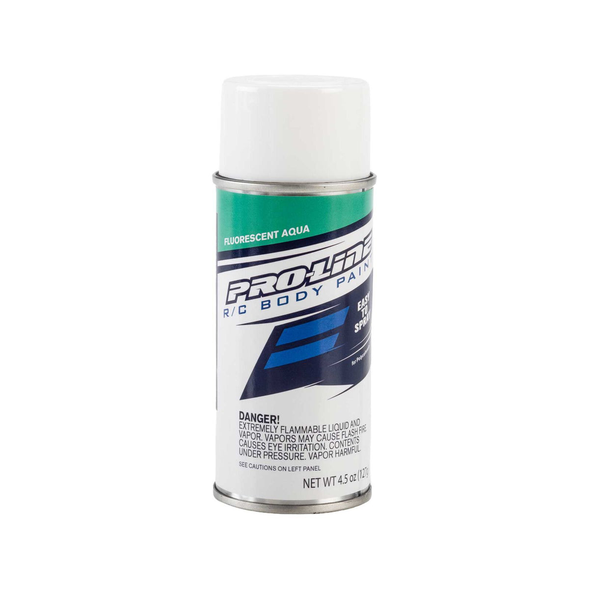 A can of Pro-Line F2C Body Paint in Fluorescent Aqua, featuring a white cap, a white and teal label with blue graphics, and a silver metal base, shown on a plain white background.
