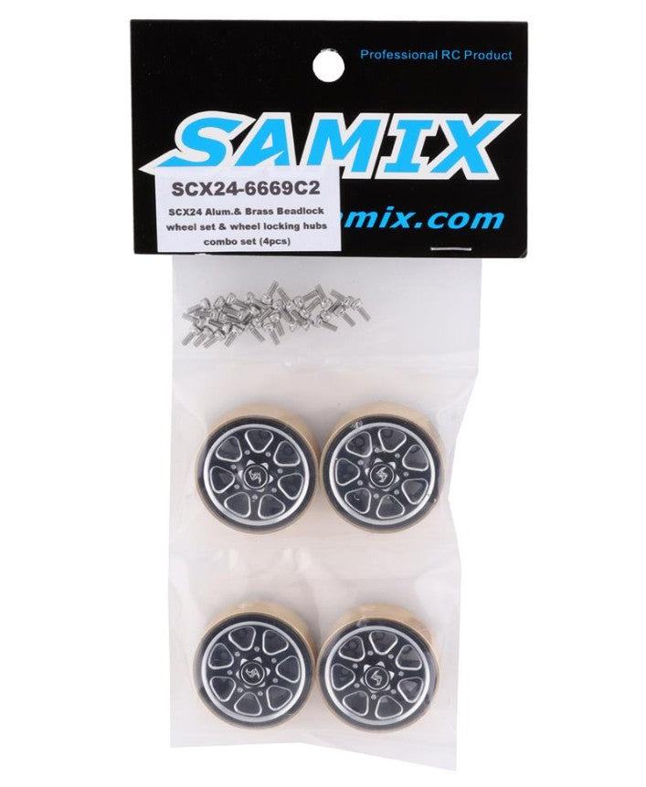 Samix SCX24 Aluminum & Brass 1.0" Beadlock Wheel Set w/Scale Hubs (Black) (4)