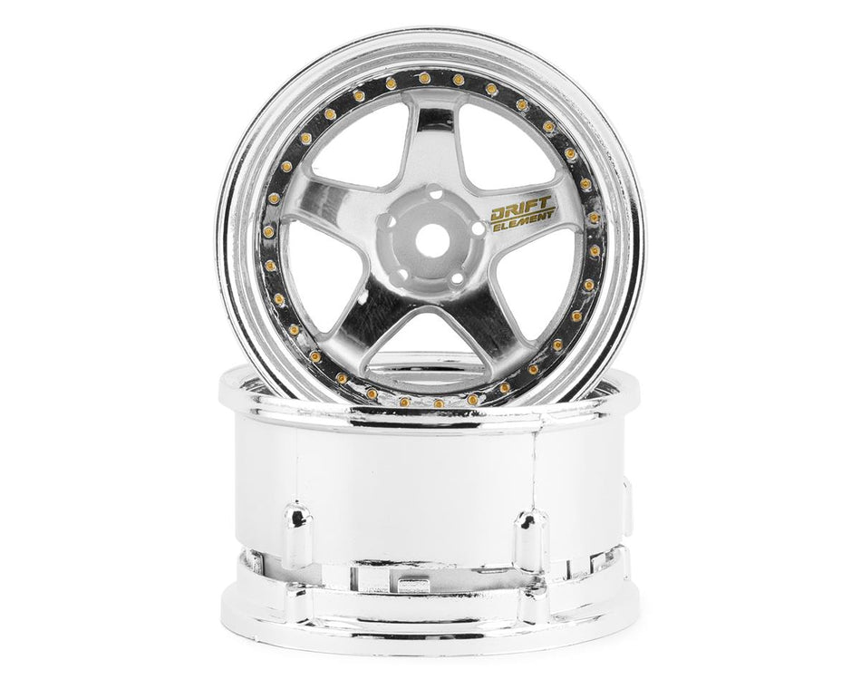 DS Racing DSC-DE-009 Drift Element 5 Spoke Drift Wheels (Triple Chrome w/Gold Rivets) (2) (Adjustable Offset) w/12mm Hex