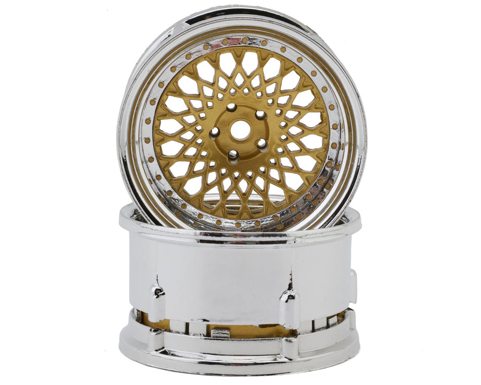 DS Racing Element Mesh 1/10 Drift Wheels (Gold w/Chrome Lip & Gold Rivets) (2) (Adjustable Offset) w/12mm Hex