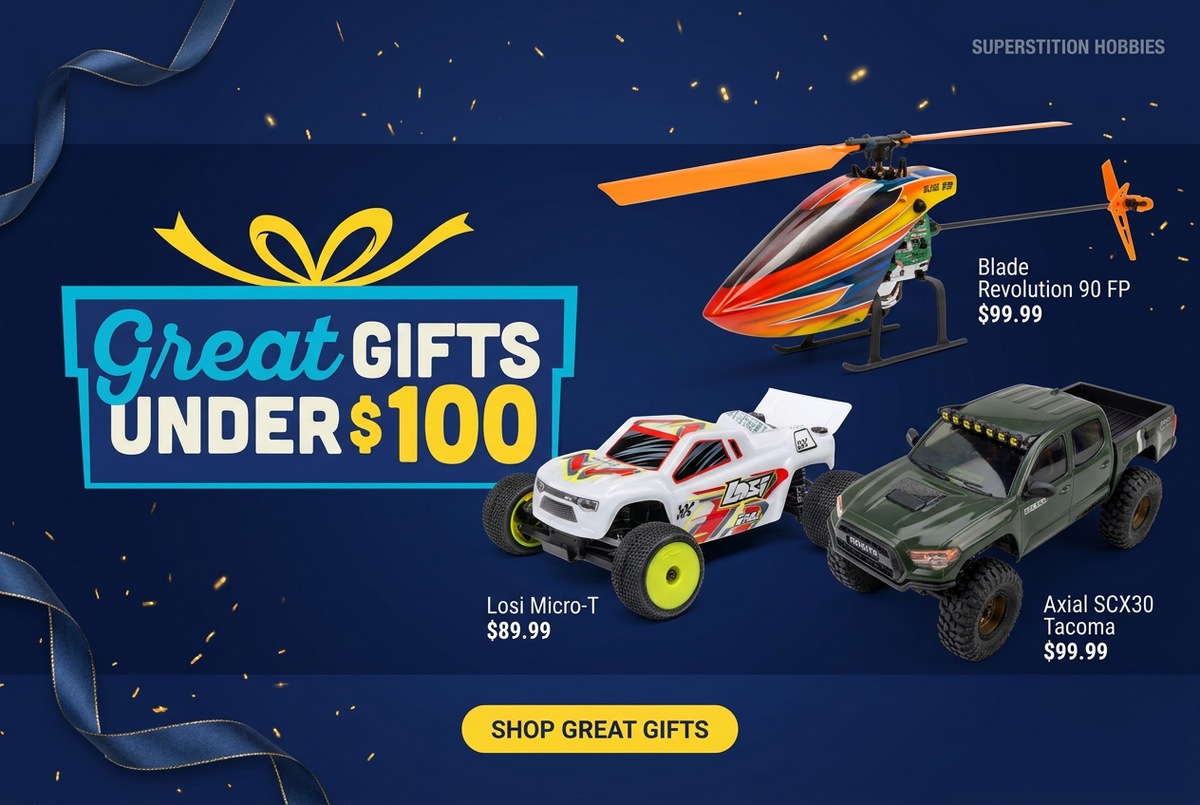 Great Gifts Under $100 website slide featuring Losi Micro-T, Blade Revolution 90 FP, and Axial SCX30 Tacoma