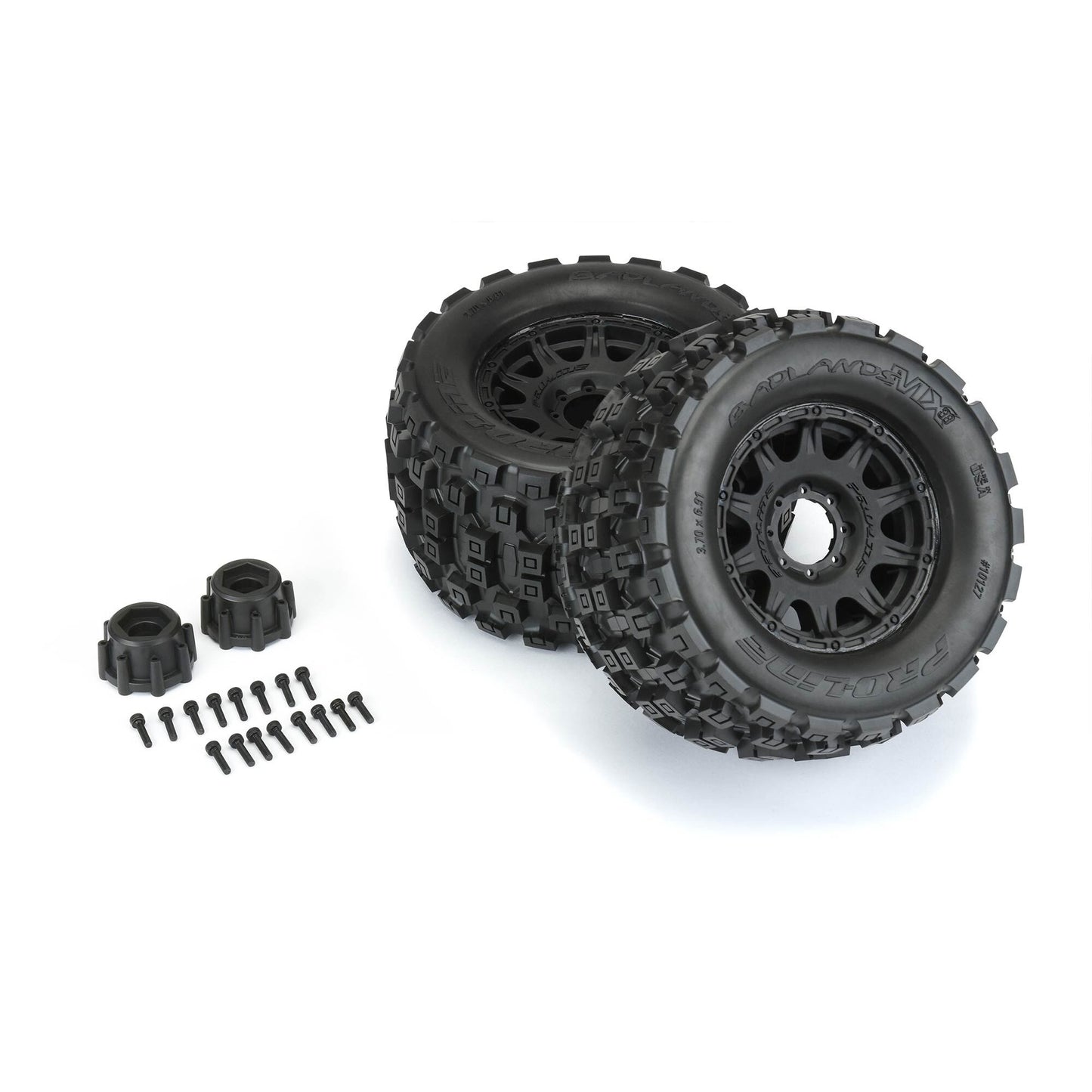 1/8 Badlands MX38 F/R 3.8" MT Tires Mounted 17mm Blk Raid (2)