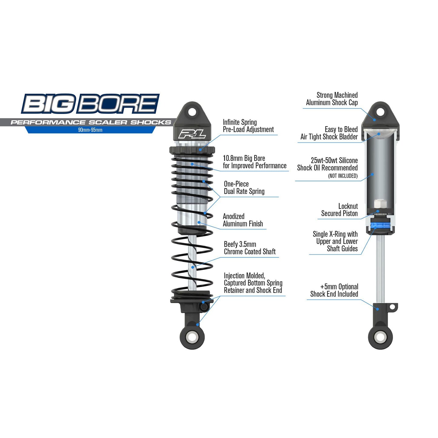 Pro-Line® 1/10 Big Bore Front/Rear (90mm-95mm) Scaler Shocks for most Crawlers