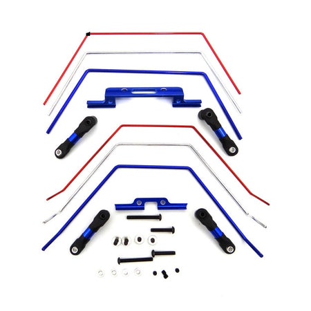 An image showcasing a Hot Racing front and rear sway bar kit for the Traxxas 2WD Slash, including blue and red sway bars, mounting hardware, and pushrods.